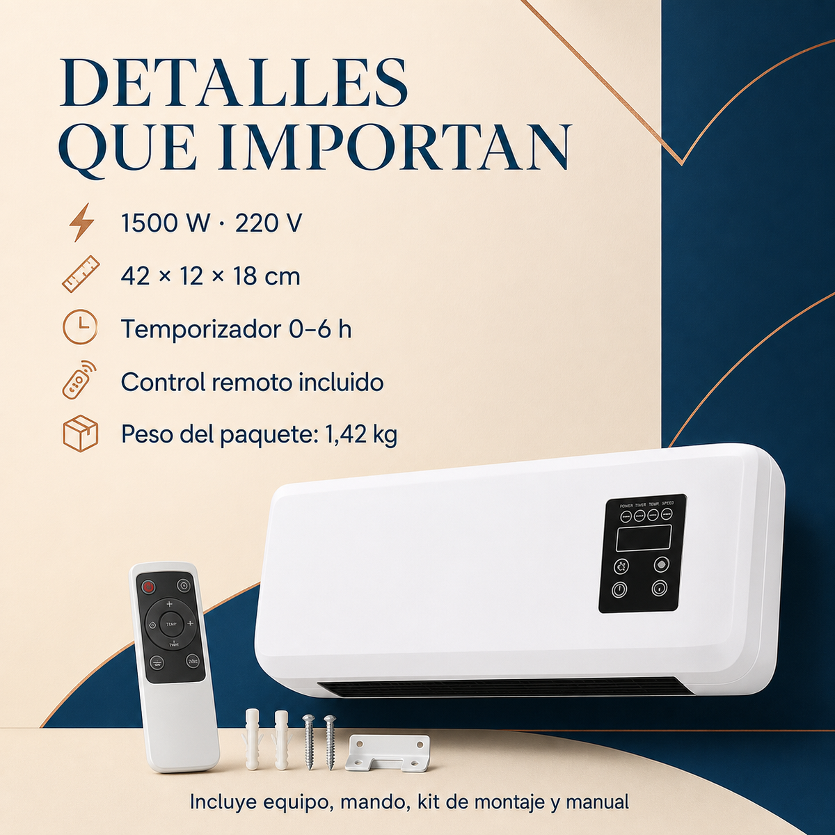 Climatizador eléctrico de pared 2 en 1 con función de aire fresco y calefacción